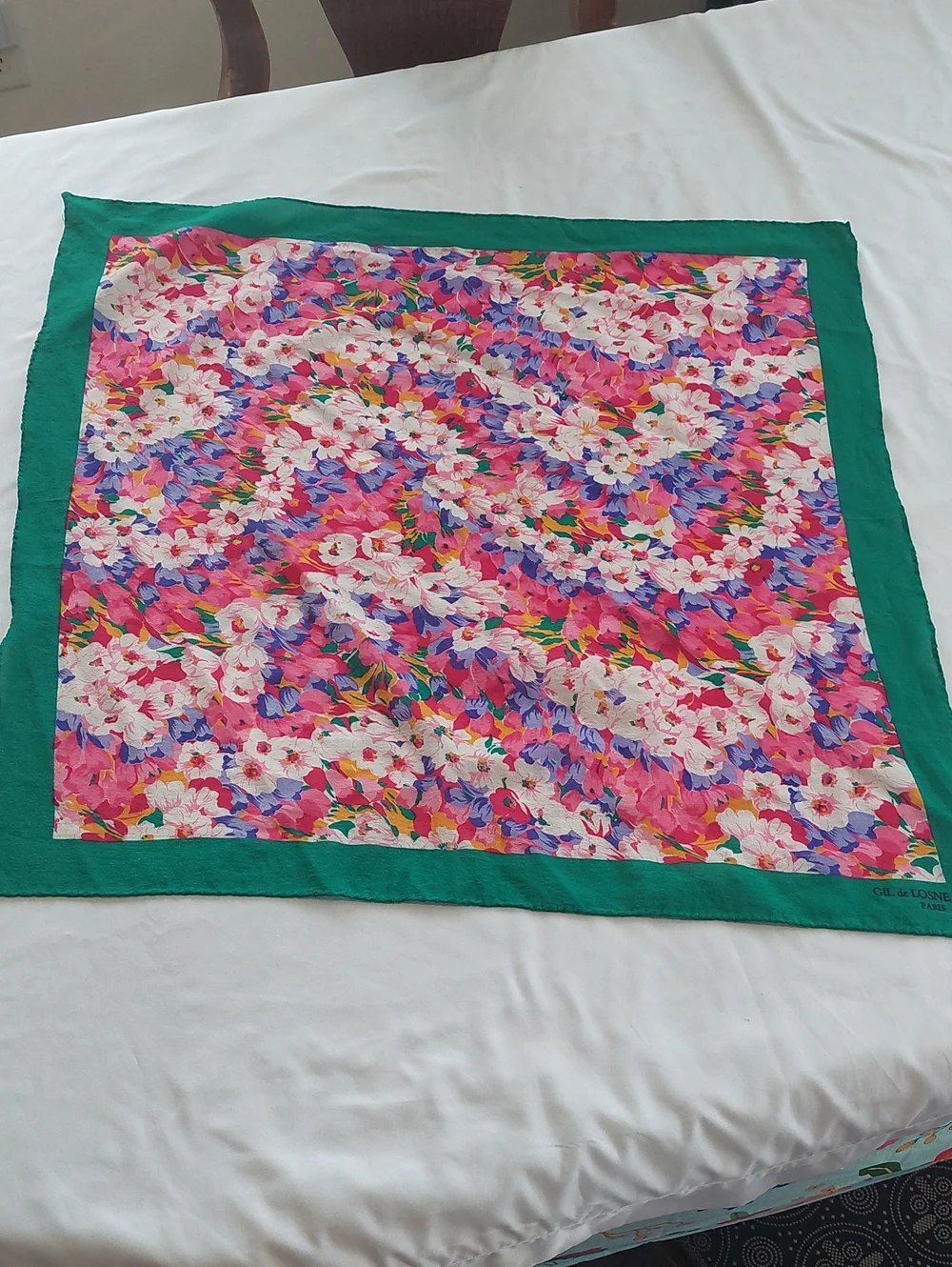 GIL de LOSNE Paris  Floral Scarf with Green Border - Bright Pink & Multicolor